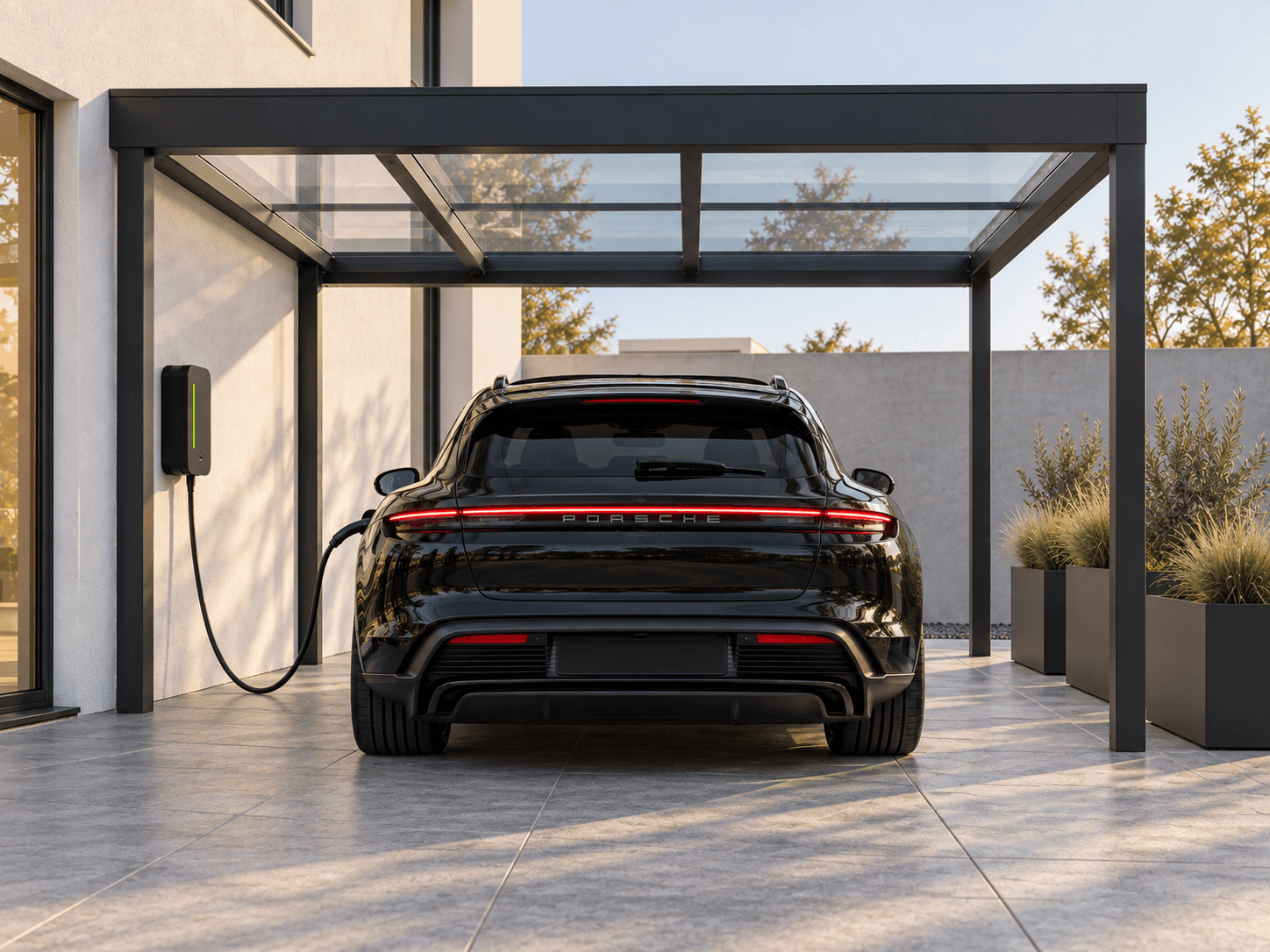 Symbolbild: Ladender Wagen unter einem Carport an einem Wohnhaus