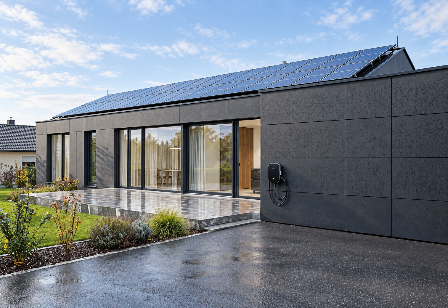 Wohnhaus zur blauen Stunde mit sichtbarer Photovoltaikanlage und Ladepunkt. Eine Linie verbindet Dach, Speicher, Wallbox und Haus zu einem System.